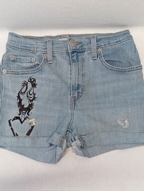 Women’s Light Blue Distressed Denim Levi Shorts with Graphic Accent On Front